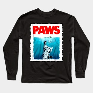 "PAWS" Funny Cat Parody T-Shirt | Hilarious Twist on the Classic JAWS Poster Long Sleeve T-Shirt